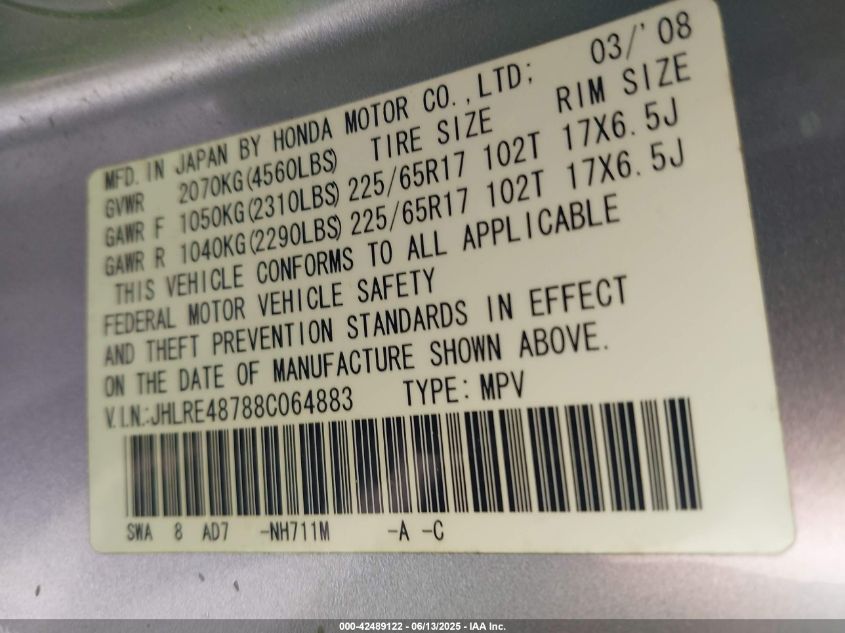 2008 Honda Cr-V Ex-L VIN: 0JHLRE48788C06488 Lot: 42489122