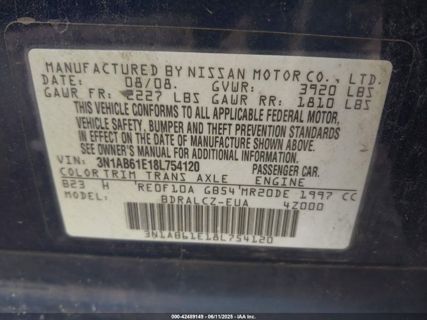2008 Nissan Sentra 2.0 VIN: 3N1AB61E18L754120 Lot: 42489149