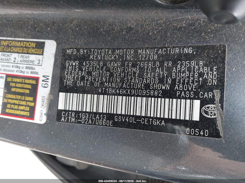 2009 TOYOTA CAMRY VIN: 4T1BK46KX9U095882