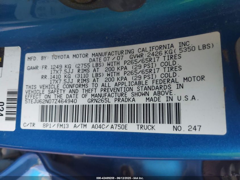 2007 Toyota Tacoma Prerunner V6 VIN: 5TEJU62N07Z464940 Lot: 42489259