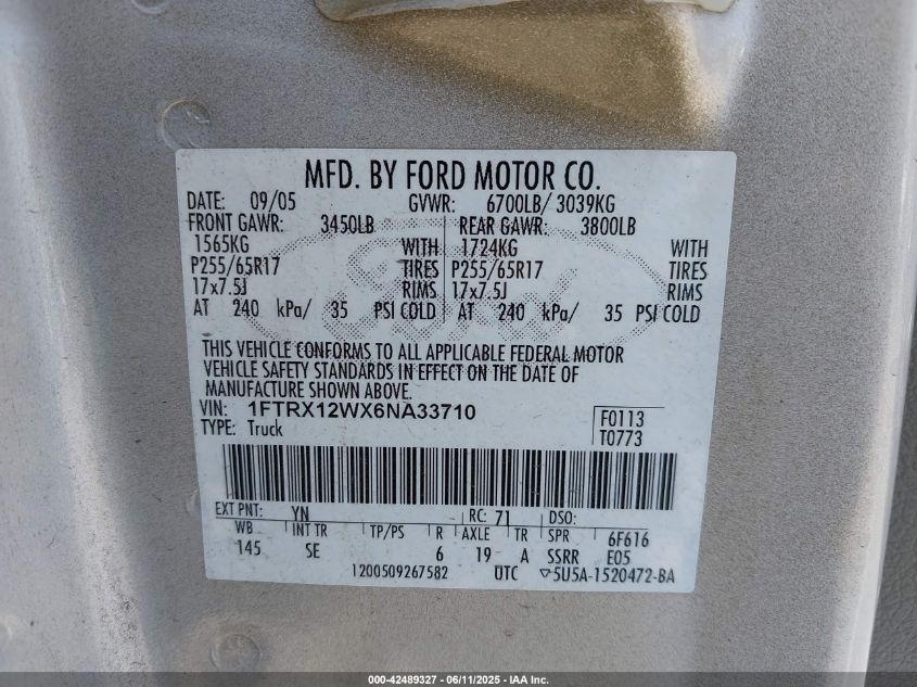 2006 Ford F-150 Stx/Xl/Xlt VIN: 1FTRX12WX6NA33710 Lot: 42489327