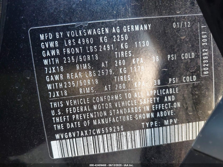 2012 VOLKSWAGEN TIGUAN VIN: WVGBV7AX7CW559296