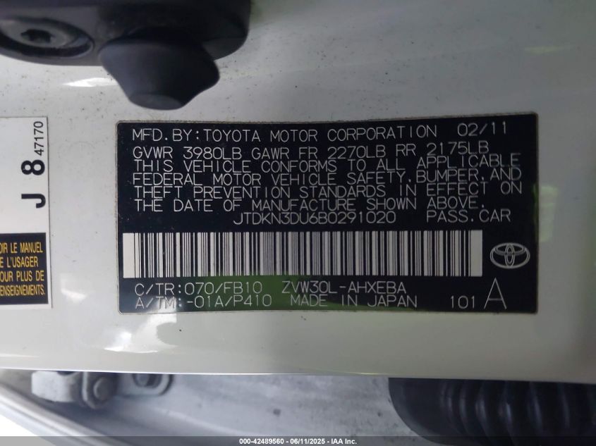 2011 Toyota Prius Three VIN: JTDKN3DU6B0291020 Lot: 42489560