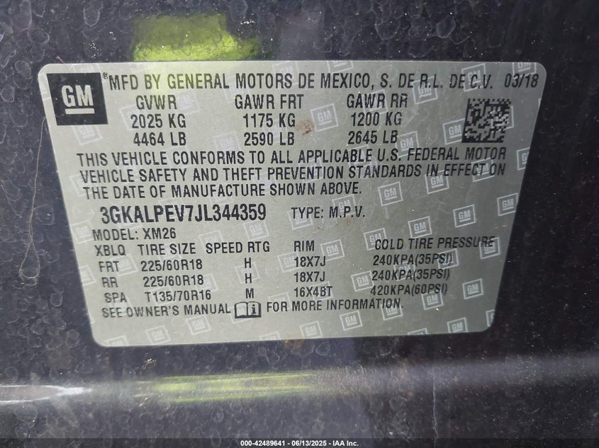VIN 3GKALPEV7JL344359 2018 GMC TERRAIN SLT