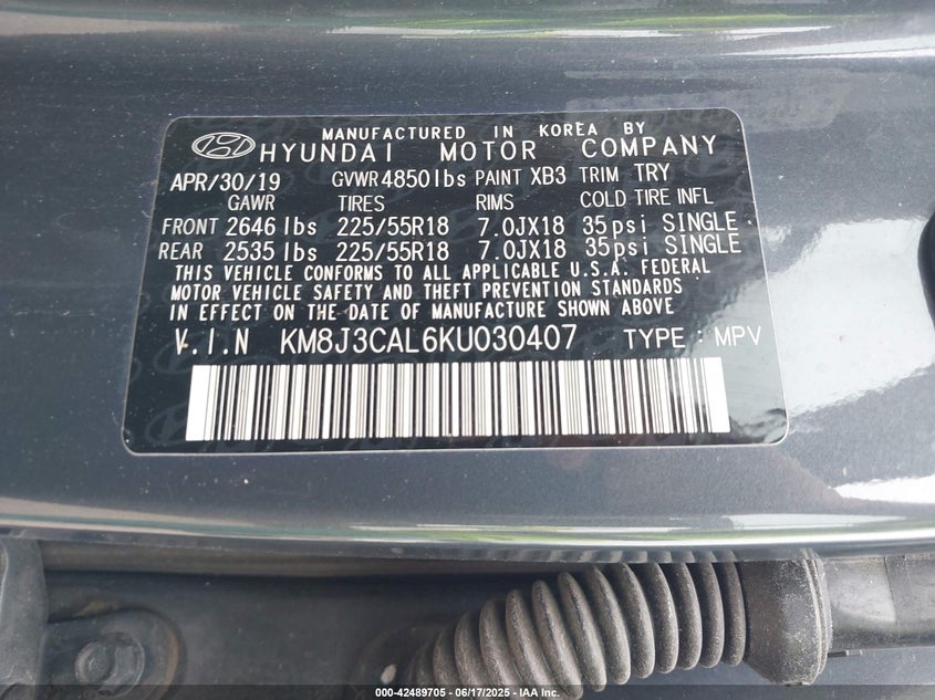 2019 HYUNDAI TUCSON VIN: KM8J3CAL6KU030407