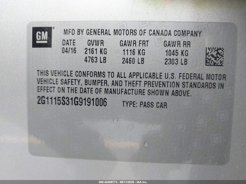 2016 CHEVROLET IMPALA 2LT - 2G1115S31G9191006