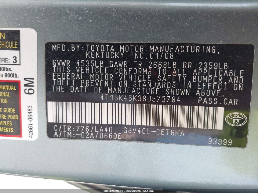 2008 Toyota Camry Xle V6 VIN: 4T1BK46K38U573784 Lot: 42489851
