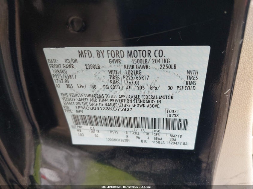 2008 FORD ESCAPE VIN: 1FMCU041X8KD75927