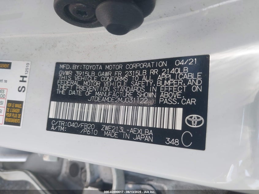 2021 TOYOTA COROLLA HYBRID LE - JTDEAMDE2MJ031122