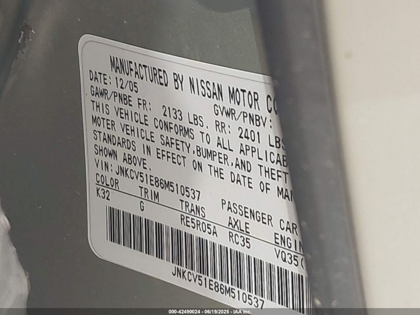 2006 Infiniti G35 VIN: JNKCV51E86M510537 Lot: 42490024