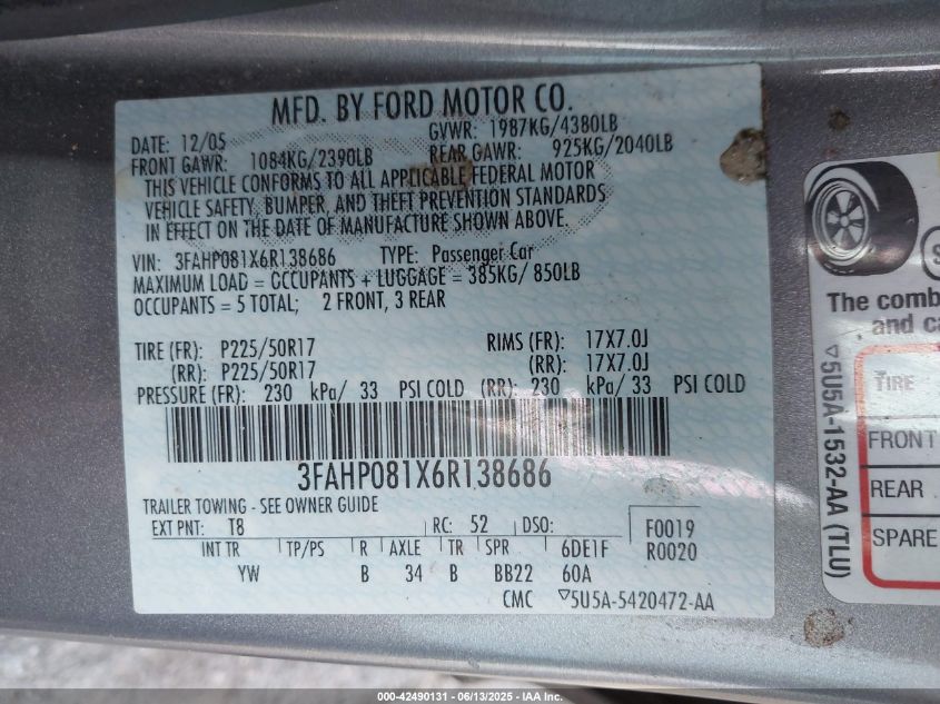 2006 Ford Fusion Sel VIN: 3FAHP081X6R138686 Lot: 42490131