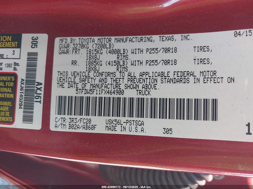 2015 TOYOTA TUNDRA SR5 5.7L V8 - 5TFDW5F11FX464900