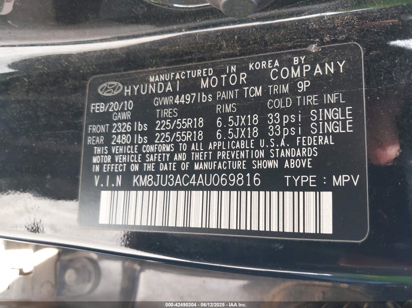2010 HYUNDAI TUCSON VIN: KM8JU3AC4AU069816