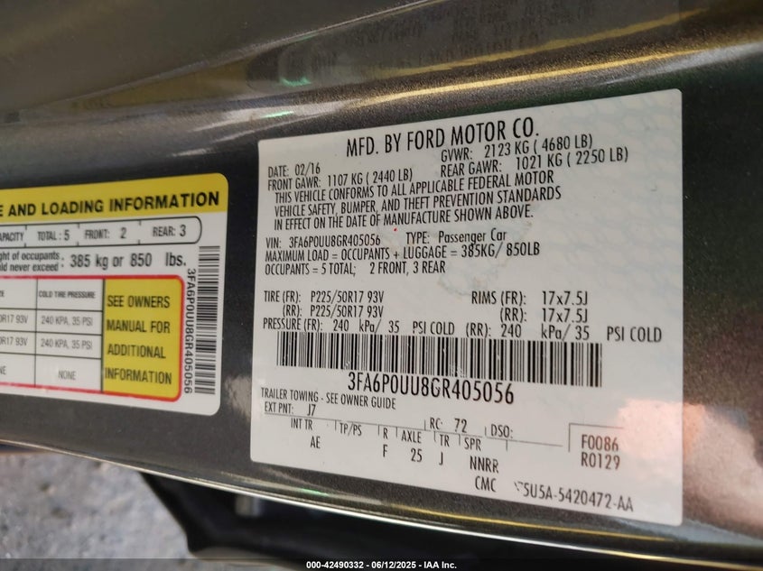 2016 FORD FUSION VIN: 3FA6P0UU8GR405056