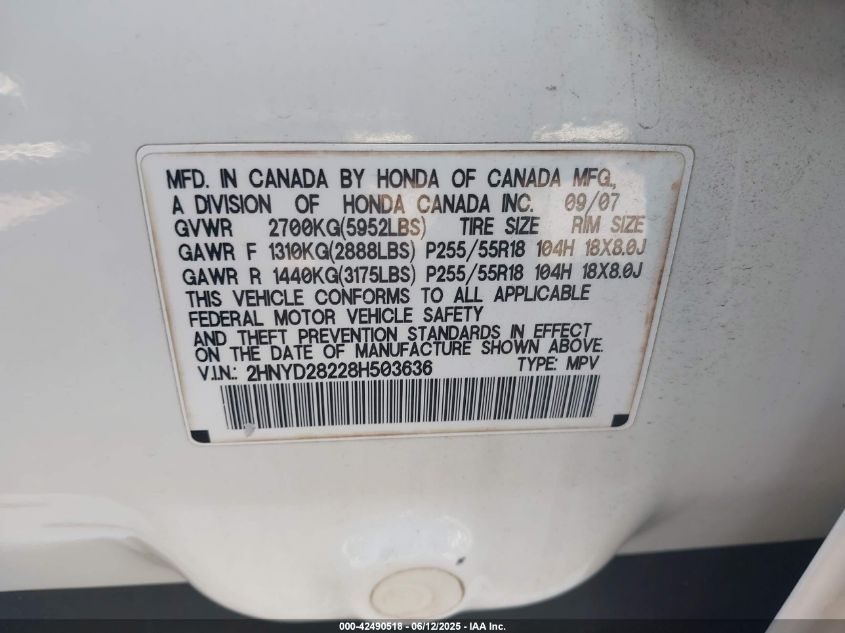 2008 Acura Mdx VIN: 2HNYD28228H503636 Lot: 42490518