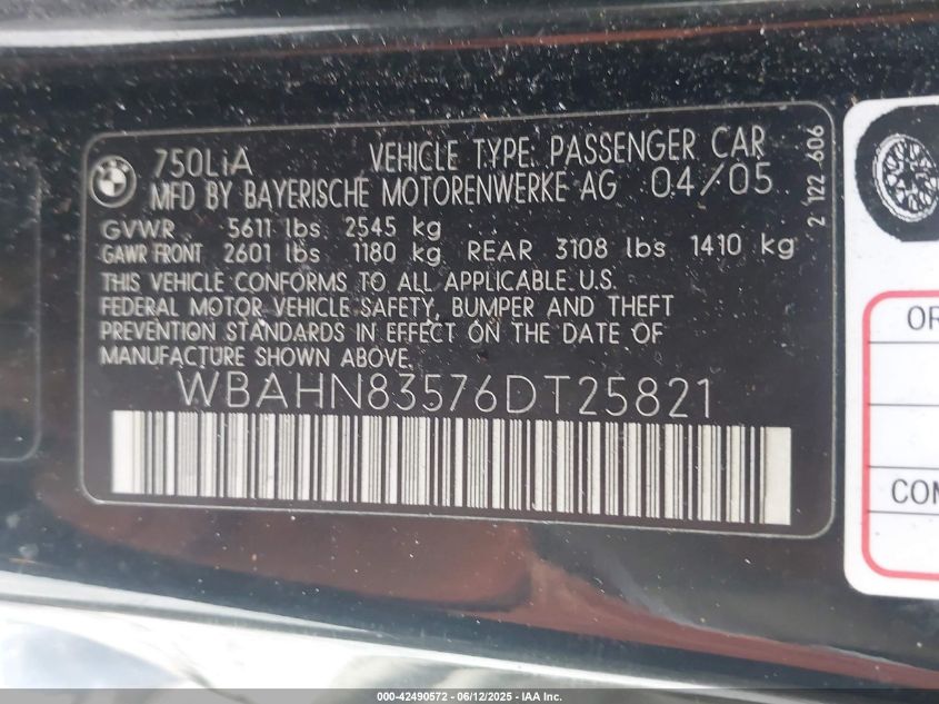 2006 BMW 750Li VIN: WBAHN83576DT25821 Lot: 42490572