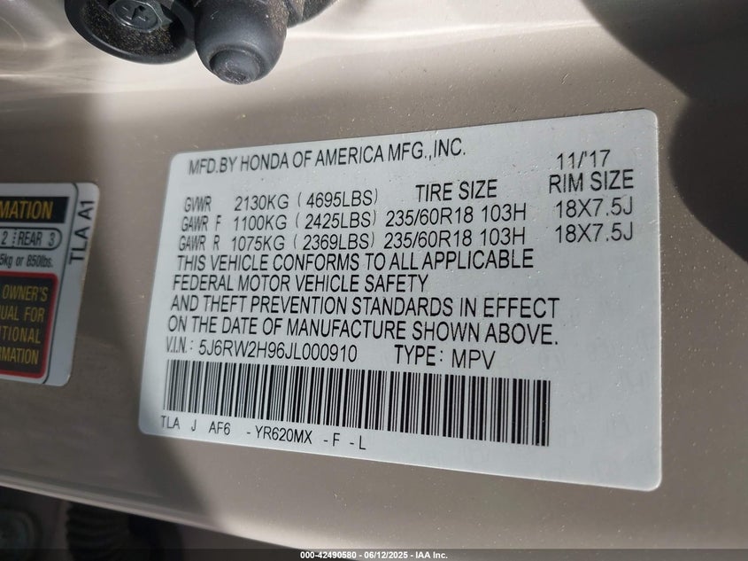 2018 HONDA CR-V VIN: 5J6RW2H96JL000910