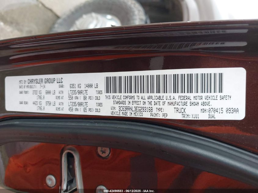 2014 Ram 3500 Longhorn VIN: 3C63RRNL3EG293168 Lot: 42490583