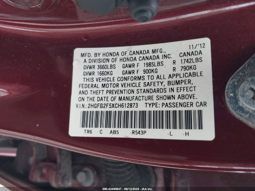 2012 Honda Civic Lx VIN: 2HGFB2F5XCH612873 Lot: 42490647