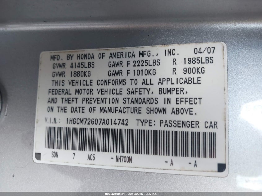 2007 Honda Accord 2.4 Ex VIN: 1HGCM72607A014742 Lot: 42490881