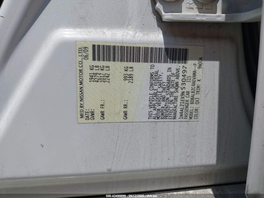 2009 NISSAN ALTIMA VIN: 1N4AL21EX9N530497