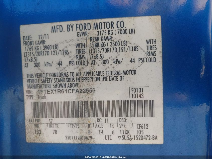 2012 Ford F-150 Svt Raptor VIN: 1FTEX1R61CFA22556 Lot: 42491010
