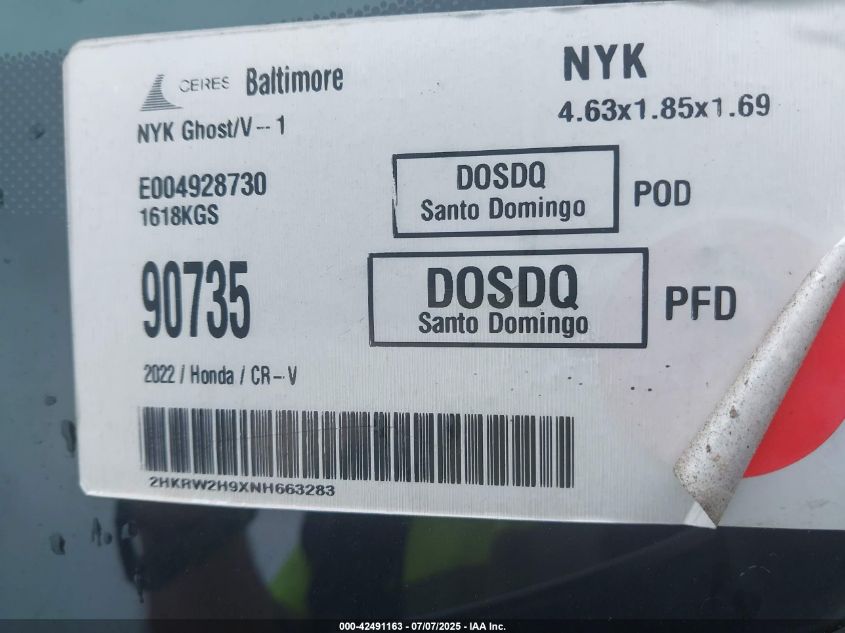 2022 Honda Cr-V Awd Touring VIN: 5J6RW2H96NL000945 Lot: 42491163