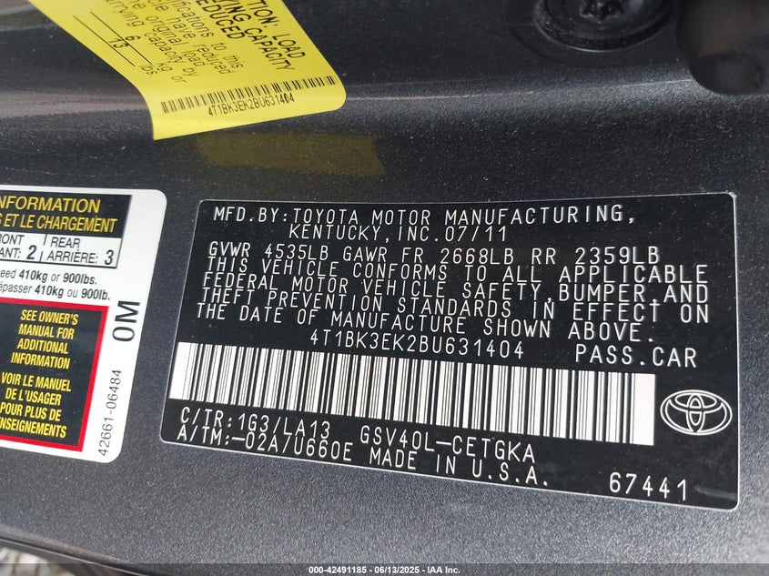 2011 TOYOTA CAMRY VIN: 4T1BK3EK2BU631404