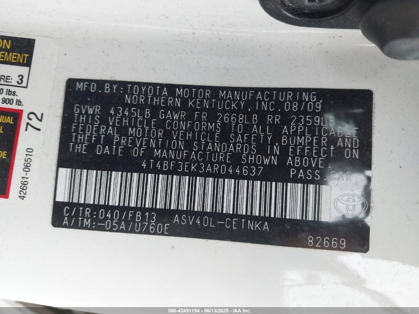 2010 Toyota Camry Le VIN: 4T4BF3EK3AR044637 Lot: 42491194