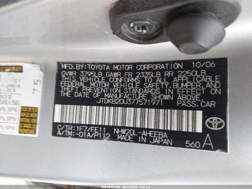 2007 Toyota Prius VIN: JTDKB20U377571971 Lot: 42491195