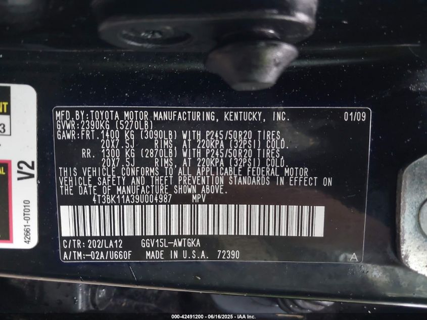 2009 Toyota Venza Base V6 VIN: 4T3BK11A39U004987 Lot: 42491200