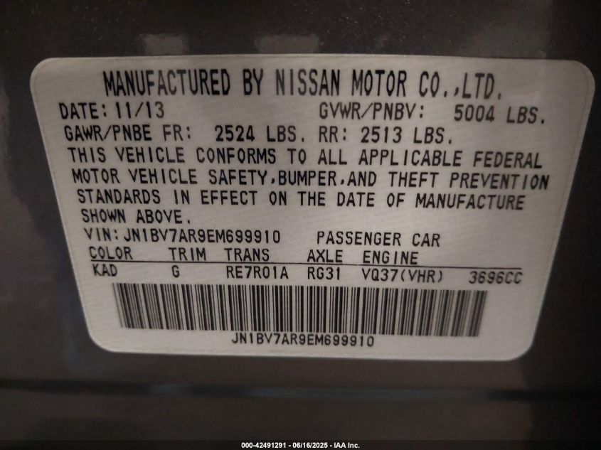 2014 Infiniti Q50 Premium/Sport VIN: JN1BV7AR9EM699910 Lot: 42491291