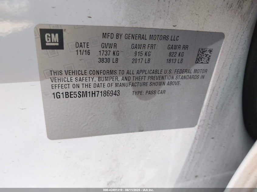 2017 CHEVROLET CRUZE VIN: 1G1BE5SM1H7186943