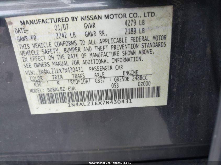 2007 Nissan Altima 2.5 S VIN: 1N4AL21EX7N430431 Lot: 42491357