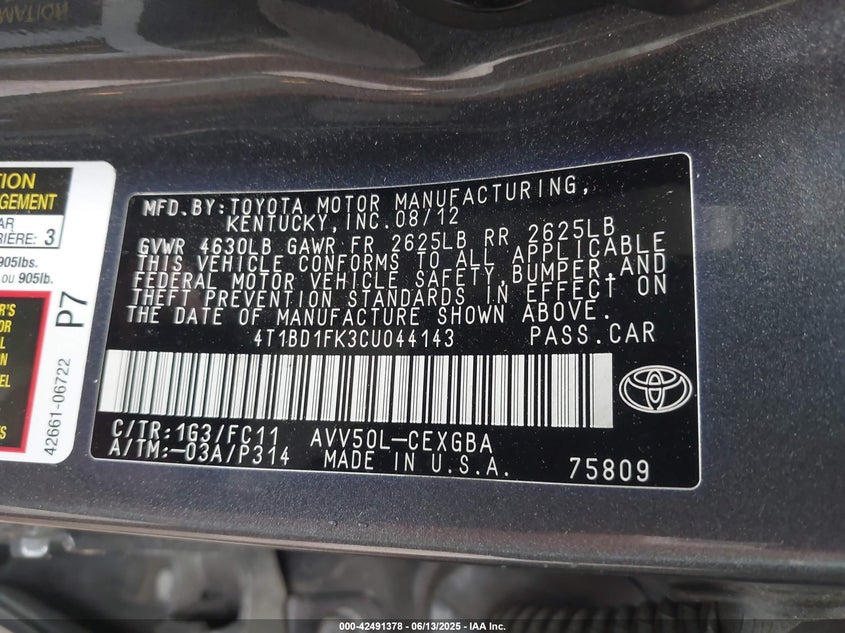 2012 TOYOTA CAMRY HYBRID VIN: 4T1BD1FK3CU044143