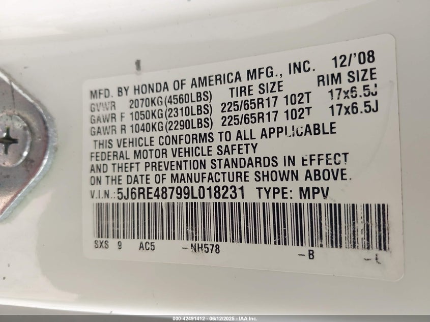 2009 HONDA CR-V VIN: 5J6RE48799L018231