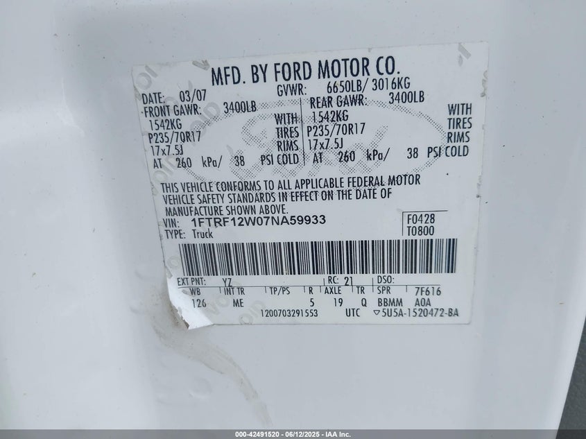 2007 FORD F150 VIN: 1FTRF12W07NA59933