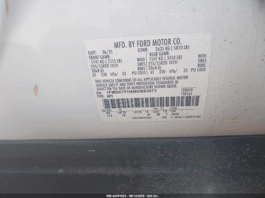 2021 Ford Explorer Limited VIN: 1FMSK7FH8MGB83973 Lot: 42491522