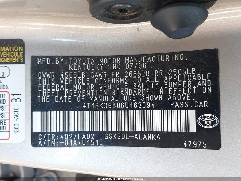 2006 TOYOTA AVALON VIN: 4T1BK36B06U163094