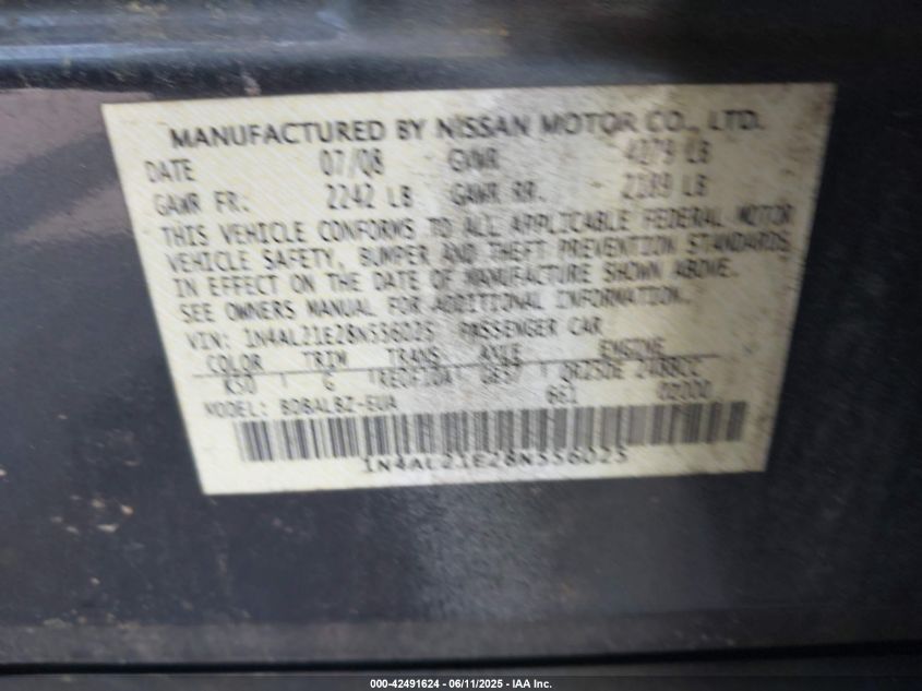 2008 Nissan Altima 2.5 S VIN: 1N4AL21E28N556025 Lot: 42491624