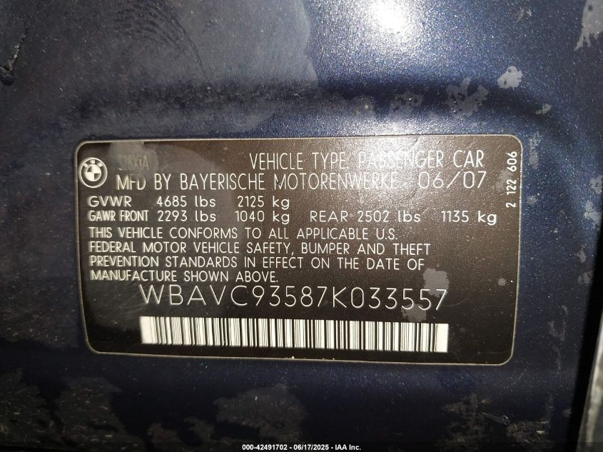 2007 BMW 328Xi Xi VIN: WBAVC93587K033557 Lot: 42491702