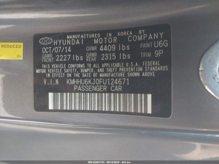 2015 HYUNDAI GENESIS 3.8 BASE - KMHHU6KJ0FU124671