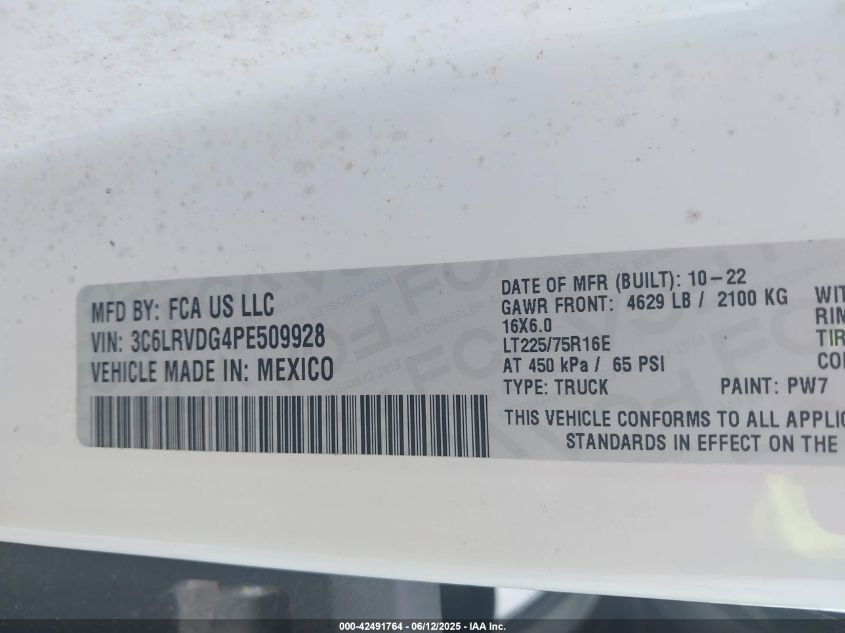 2023 Ram Promaster 2500 High Roof 159 Wb VIN: 3C6LRVDG4PE509928 Lot: 42491764
