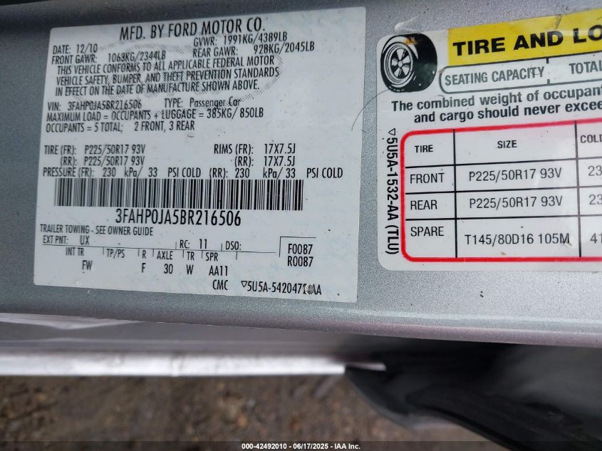 2011 Ford Fusion Sel VIN: 3FAHP0JA5BR216506 Lot: 42492010