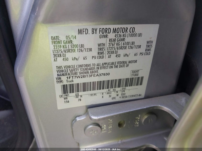 2015 Ford F-250 Lariat VIN: 1FT7W2BT3FEA37930 Lot: 42492049