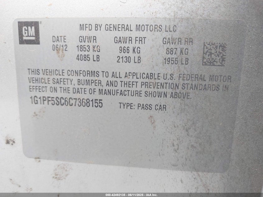 2012 CHEVROLET CRUZE VIN: 1G1PF5SC6C7368155