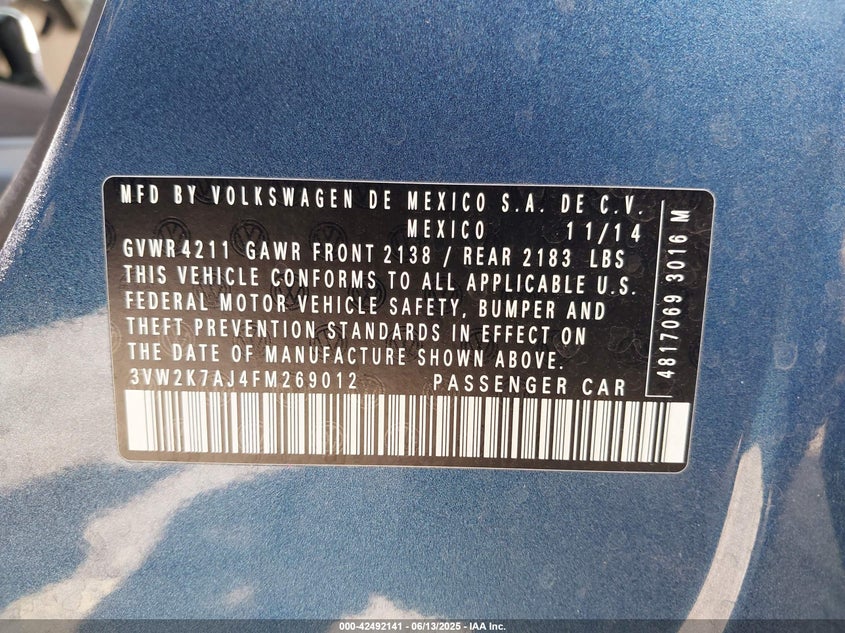 2015 VOLKSWAGEN JETTA 2.0L S - 3VW2K7AJ4FM269012