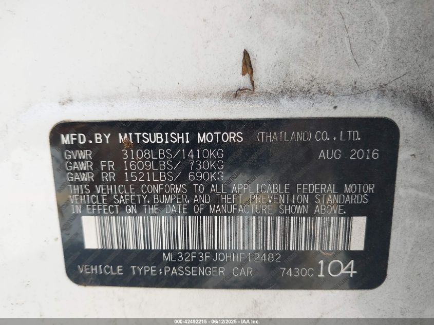 2017 Mitsubishi Mirage G4 Es VIN: ML32F3FJ0HHF12482 Lot: 42492215