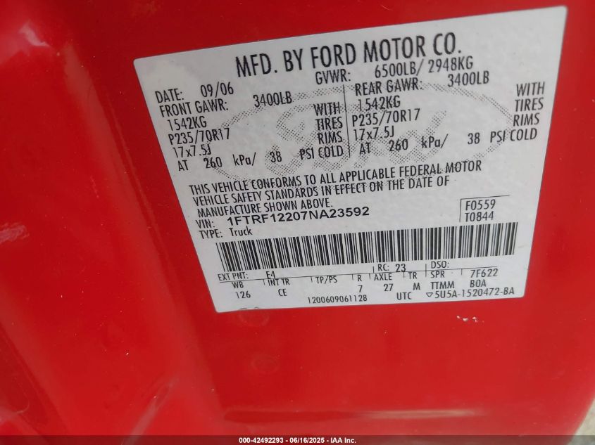 2007 Ford F-150 Stx/Xl/Xlt VIN: 1FTRF12207NA23592 Lot: 42492293