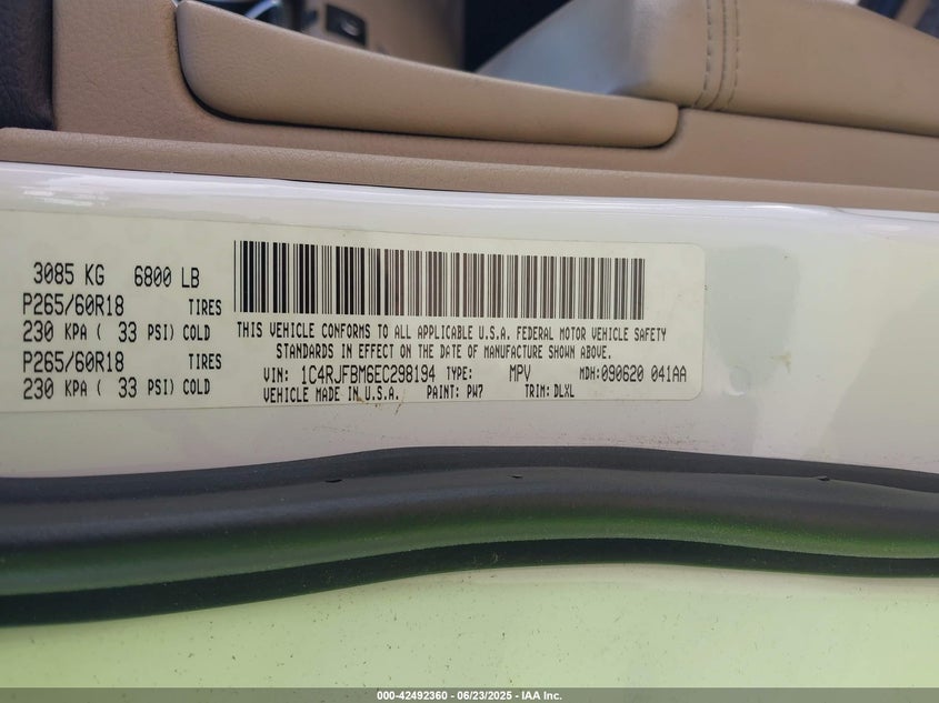 2014 JEEP GRAND CHEROKEE VIN: 1C4RJFBM6EC298194